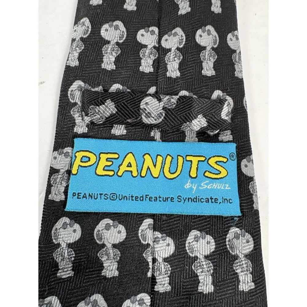 Peanuts Joe Cool Snoopy 100% Silk Necktie Black Cartoon Character Tie Mens
